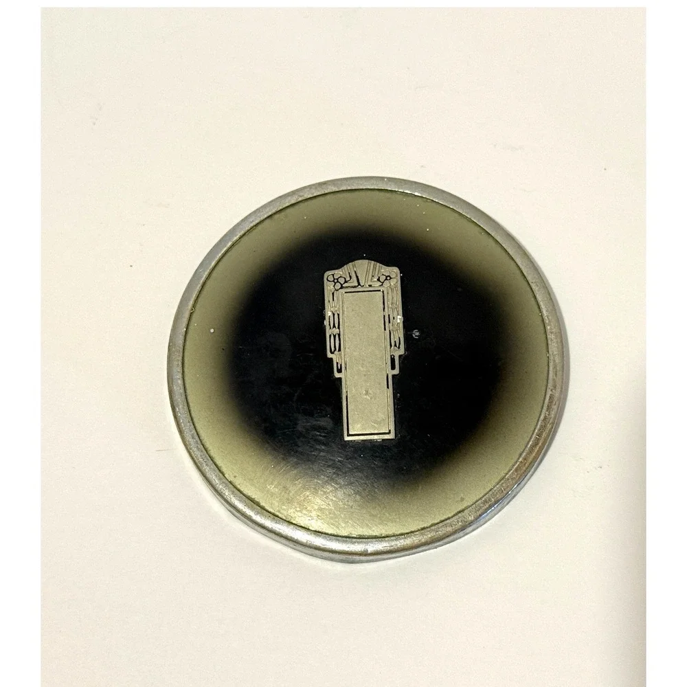 Vintage Art Deco Powder Jar Frosted Glass Metal Lid Skyscraper Vanity Trinket